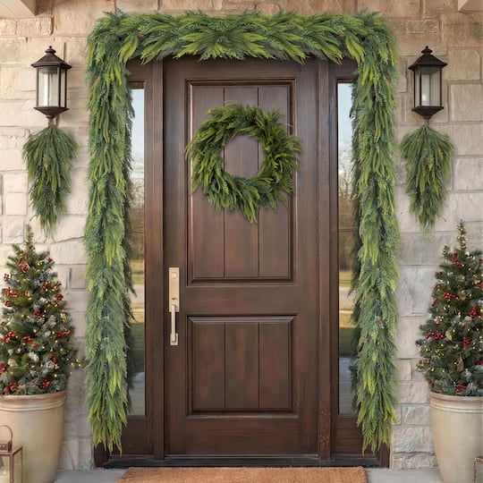 Glitzhome® 9ft. Christmas Full Greenery Mixed PE Dripping Garland with Pinecones, Set of 2